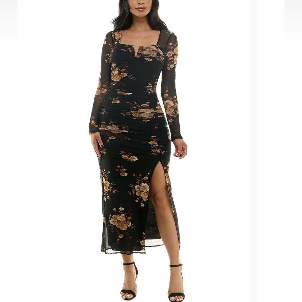 Black Floral Print Ruched Bodycon Dress